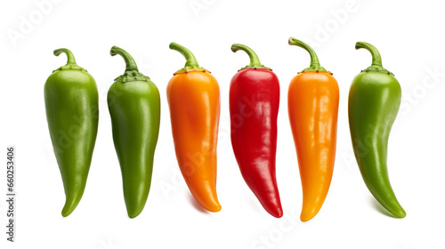 Set of six Fresh multicolor chili peppers on a transparent white background