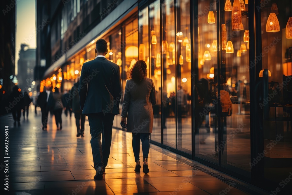People strolling by a mall, likely after work, on their way to dinner, seeking relaxation and unwinding after a fast-paced day at the office. Photorealistic illustration
