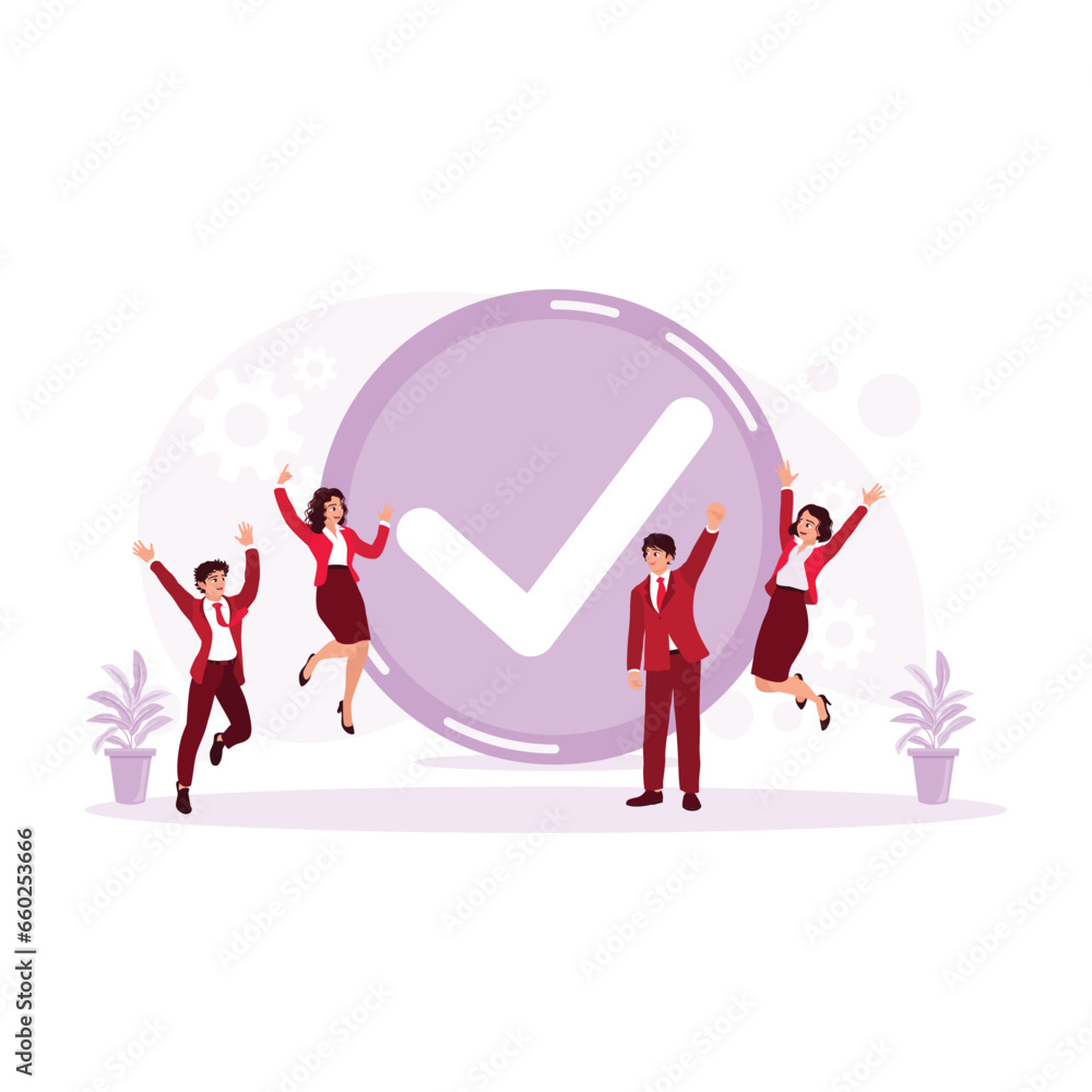 Fototapeta premium Business team jumping celebrating success of work project in office. Done Job concept. trend modern vector flat illustration