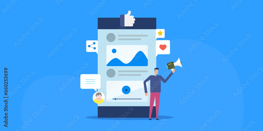Marketing expert man with megaphone stands near mobile app, displaying digital content on screen, social media manager conceptual vector illustration.