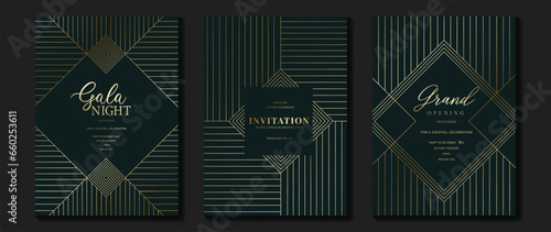 Luxury invitation card background vector. Golden elegant geometric pattern, gold line on dark blue background. Premium design illustration for wedding and vip cover template, grand opening, gala.