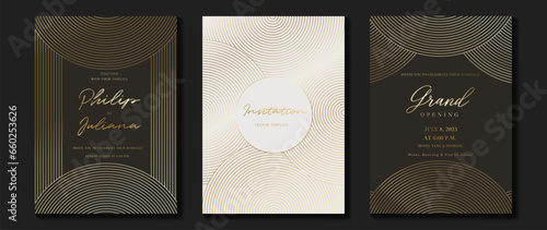 Luxury invitation card background vector. Golden elegant geometric pattern, gold line on dark and light background. Premium design illustration for wedding and vip cover template, grand opening, gala.