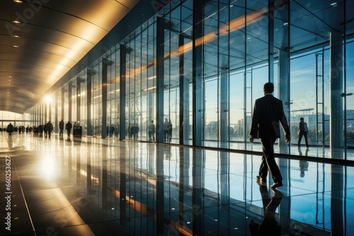 A man in a suit strolling through a large hall with glass walls, surrounded by people in motion, representing the essence of urban life and a professional work environment. Photorealistic illustration
