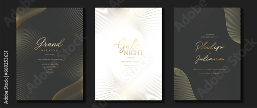 Luxury invitation card background vector. Golden elegant geometric pattern, gold line on dark and light background. Premium design illustration for wedding and vip cover template, grand opening, gala.