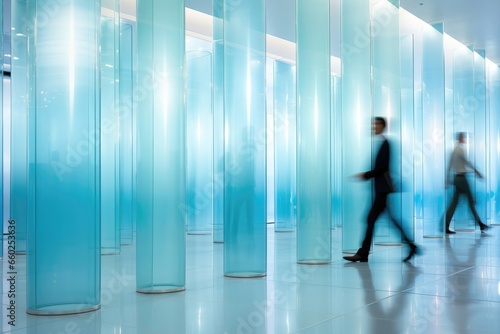 Business people walking briskly through the lobby  reflecting the fast-paced and dynamic nature of their professional lives. Photorealistic illustration