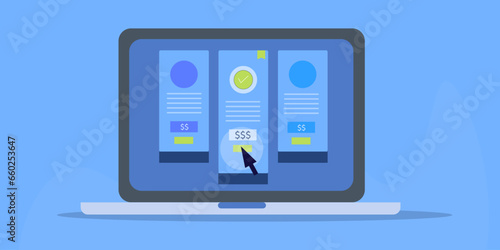 User selecting monthly or annual membership subscription package from laptop pc, online business concept vector illustration web banner.