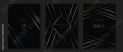 Luxury invitation card background vector. Golden elegant geometric pattern, gradient gold line on dark background. Premium design illustration for wedding and vip cover template, grand opening, gala.
