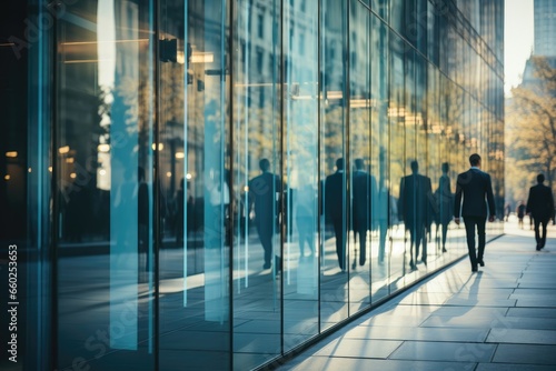 A businessman walking past a common glass facade in the city  embodying the corporate and modern urban environment. Photorealistic illustration