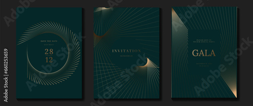Luxury invitation card background vector. Golden elegant geometric pattern, gold line on dark green background. Premium design illustration for wedding and vip cover template, grand opening, gala.