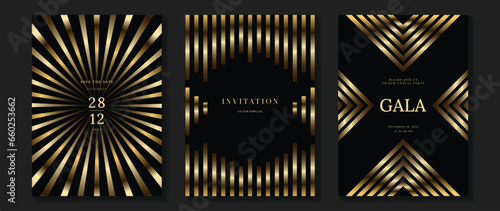 Luxury invitation card background vector. Golden elegant geometric pattern, gradient gold line on dark background. Premium design illustration for wedding and vip cover template, grand opening, gala.