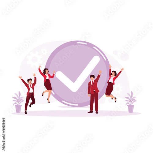 Business team jumping celebrating success of work project in office. Done Job concept. trend modern vector flat illustration