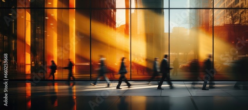 A common glass facade of a corporate building with blurred people in the fast-paced streets, showcasing the vibrant and dynamic panorama of urban life. Photorealistic illustration