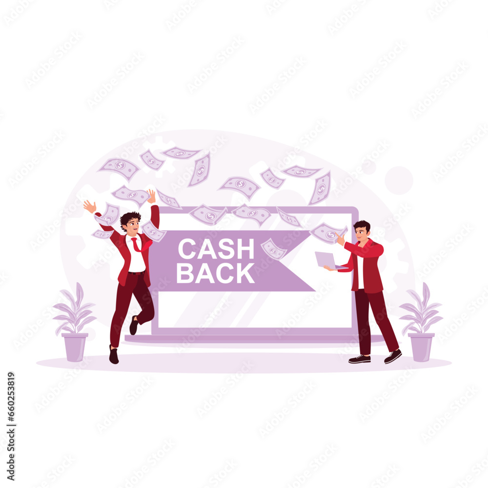Two men are standing on laptops, building online businesses and making money rain from laptops. Cashback concept. trend modern vector flat illustration Two men are standing on laptops, building online businesses and making money rain from laptops. Cashback concept. trend modern vector flat illustration