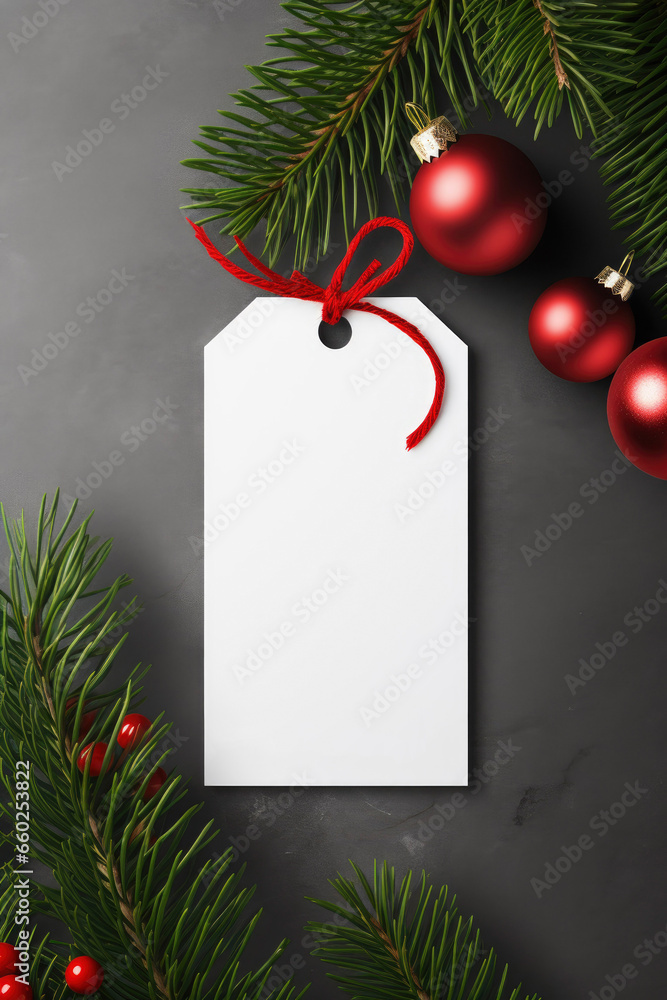 Obraz premium Modern gift tag for Christmas holiday mockup on grey black background