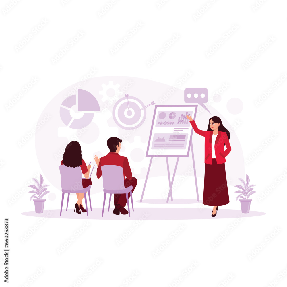Female chief analyst holding a meeting with a team of economists. Analyze growth graphs, data, and statistics on board. Presentation concept. trend modern vector flat illustration Female chief analyst holding a meeting with a team of economists. Analyze growth graphs, data, and statistics on board. Presentation concept. trend modern vector flat illustration