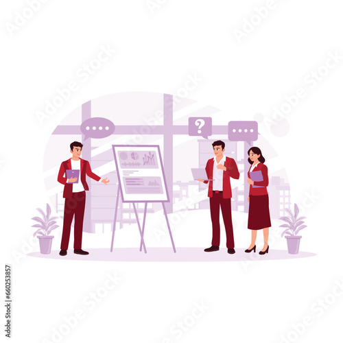 Businessman giving educational workshop presentation in office. Ask each other questions and answers during the presentation. Presentation concept. trend modern vector flat illustration