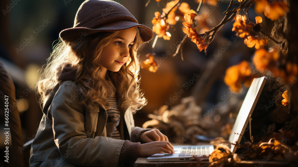 a little girl sitting at a computer under a tree. in Autumn forests - obrazy, fototapety, plakaty 