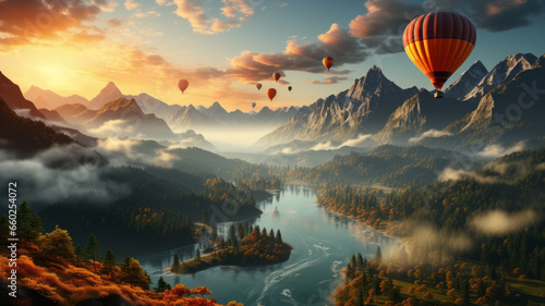 Colorful balloons fly over the mountains, there is a river and a sea of mist.