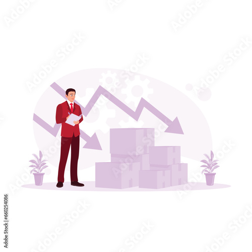 Export-import entrepreneurs check the demand for goods to be sent. Demand for goods decreases. Cost Reduction concept. trend modern vector flat illustration 