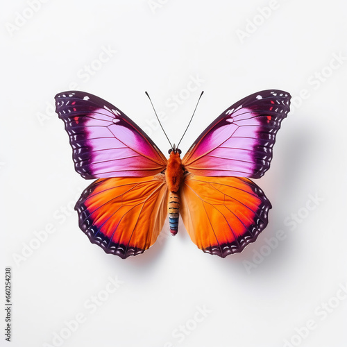 beautiful purple and orange butterfly flying over white background, top view, flat lay.