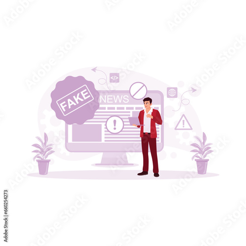 Man holding laptop and searching for information from laptop. Fake disinformation technology is created on TV and in newspapers. Fake News concept.  trend modern vector flat illustration
