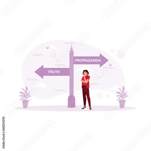 A woman standing under a traffic sign with two options propaganda and truth.A call to expose manipulation, disinformation, lies, fraud and censorship, forgery. Fake News concept. trend modern vector f