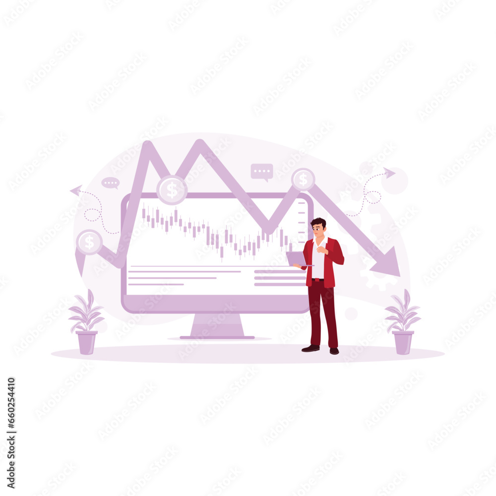 Businessman using laptop analyzing the graph of declining company economy. Economic Recession concept. trend modern vector flat illustration Businessman using laptop analyzing the graph of declining company economy. Economic Recession concept. trend modern vector flat illustration