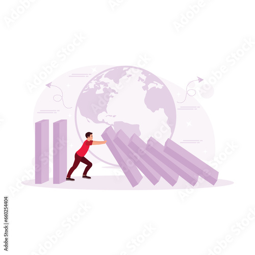 Young entrepreneurs resist the domino effect that is about to fall. Overcoming the financial crisis. Financial Instability concept. trend modern vector flat illustration