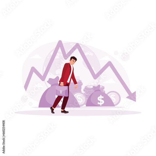 Businessman walking with a sad feeling. Fall of the economy, reduction of capital. Declining economy. Economic Recession concept. trend modern vector flat illustration