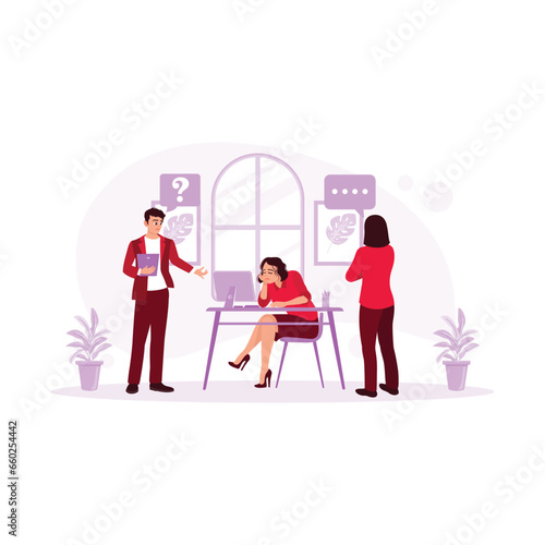 Female worker sitting in front of computer frustrated. Reprimanded by the manager for poor work results. Frustrated concept. trend modern vector flat illustration