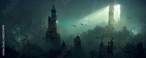 Environment Forest of enormous tall gothic columns mysterious light from above a lowhanging fog crystalline pools illuminated from beneath Something mysterious lurks in the shadows white birds non 