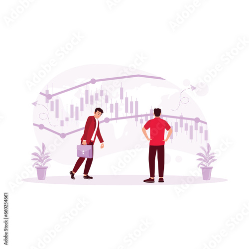  Businessman looks sad and panic after seeing an unstable market trading graph. Bankruptcy and stock decline. Economic Recession concept. trend modern vector flat illustration