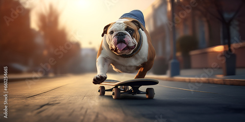 "English Bulldog Skateboarding  Bulldog Puppy Close-Up © Muhammad