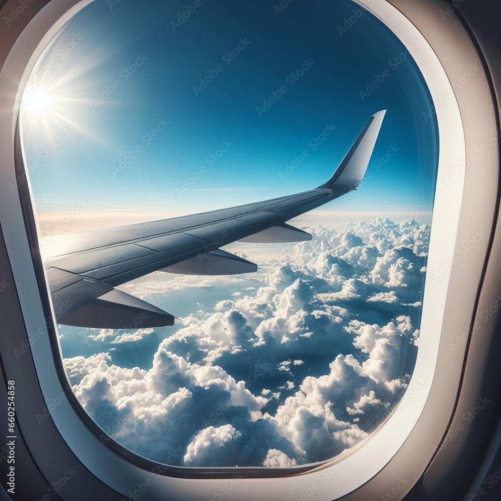 Airplane wing and clouds from the window of an airplane.  - obrazy, fototapety, plakaty 