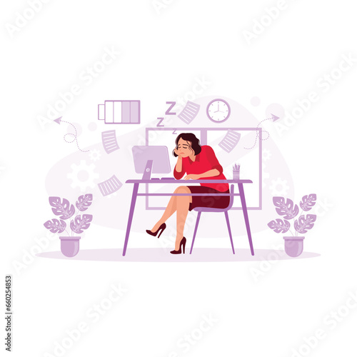 Businesswomen who are tired, suffering, and bored because of working too long in front of the computer. Boring Job Concept. Trend Modern vector flat illustration
