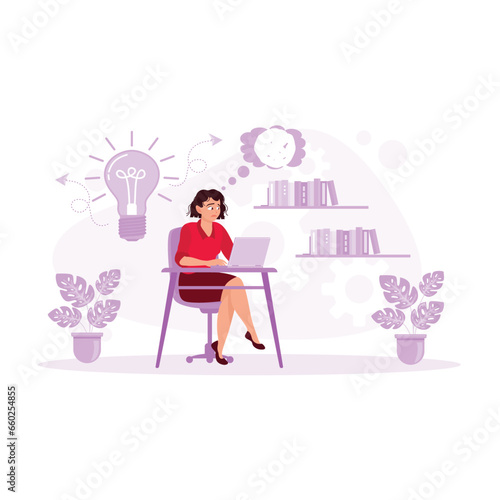 Women entrepreneurs need inspiration. Tired of monotonous work. Boring Job Concept. Trend Modern vector flat illustration