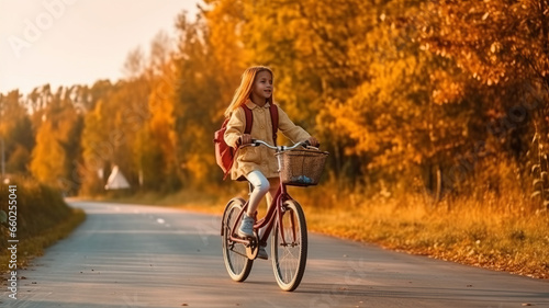 A child girl riding a bicycle goes to school.