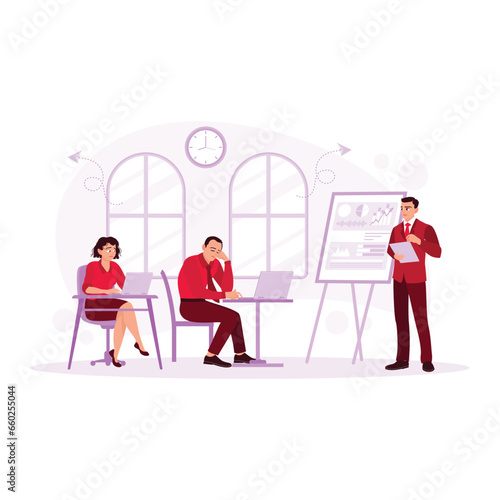 A businessman who feels tired when giving a presentation in the meeting room. Boring Job Concept. Trend Modern vector flat illustration