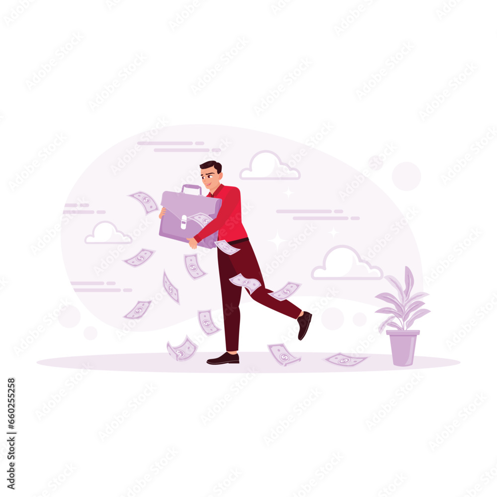 A businessman carrying a bag full of money, banknotes fall from the bag. Full Stack Concept. Trend Modern vector flat illustration A businessman carrying a bag full of money, banknotes fall from the bag. Full Stack Concept. Trend Modern vector flat illustration
