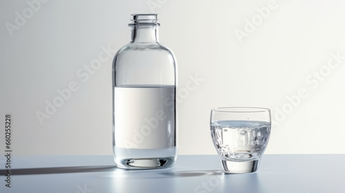 Full water bottle next to a crystal-clear glass brimming with refreshing water.