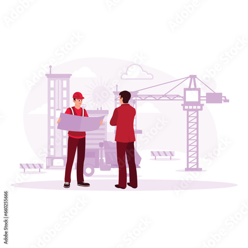The contractor and architect are looking at plans and discussing work on a new project. Building in the process of interior construction. Architect concept. Trend Modern vector flat illustration