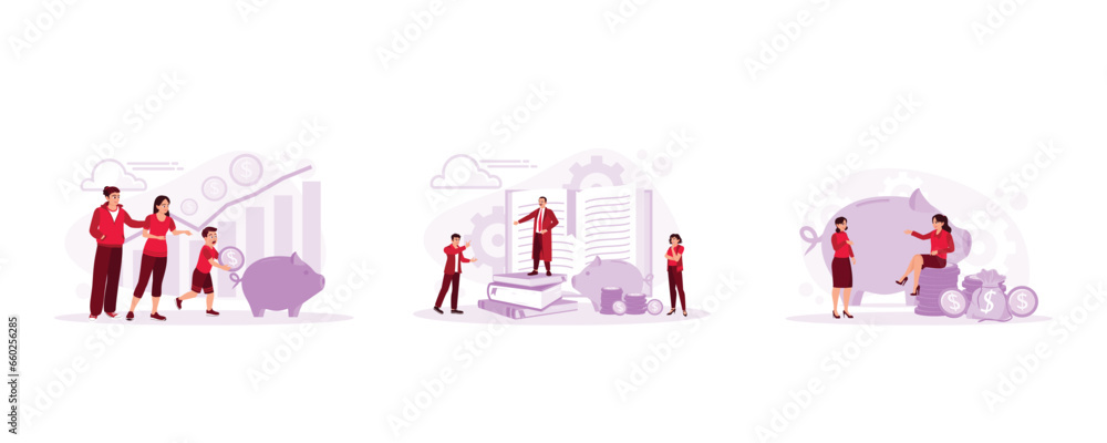 The boy put coins into the piggy bank. Worker presenting financial ideas. A woman sits on coins. Financial literacy concept. Set Trend Modern vector flat illustration The boy put coins into the piggy bank. Worker presenting financial ideas. A woman sits on coins. Financial literacy concept. Set Trend Modern vector flat illustration
