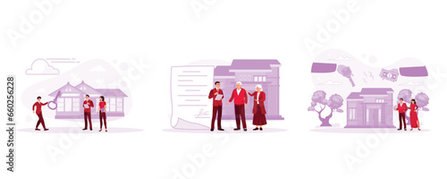 The real estate agent man holds the key. Retired couple signing a mortgage loan agreement. Buying a house through a real estate broker. Mortgage process concept. 