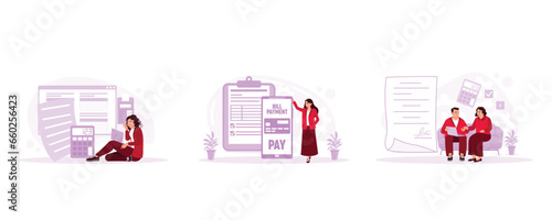 Surprised to see the bill on the laptop. Pay electricity bills online. Calculate the bills that must be paid. Utility Bills concept. Set Trend Modern vector flat illustration