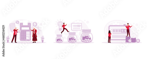 Calculate and fill out the billing form together. Pay utility bills. Calculating company bills. Utility Bills concept. Set Trend Modern vector flat illustration