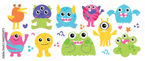 Cute and Kawaii monster kids icon set. Collection of cute cartoon monster in different playful characters. Funny devil, alien, demon and creature flat vector design for comic, education, presentation.