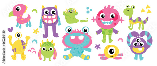 Cute and Kawaii monster kids icon set. Collection of cute cartoon monster in different playful characters. Funny devil  alien  demon and creature flat vector design for comic  education  presentation.