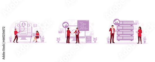 Database concept. Human resource management. Analyze data information. Path to Digitalization of Streaming Information Via Server. SAAS. Set Trend Modern vector flat illustration