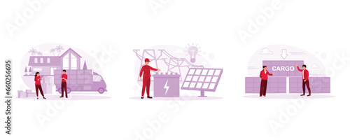 Storage concept. Check the goods to be sent. Power plant with photovoltaic panels and eolic turbine. Logistics Freight Ship Services. Set Trend Modern vector flat illustration