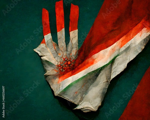 front view of hoding hand tiranga indian flag folded in hand red tick ink drops  photo